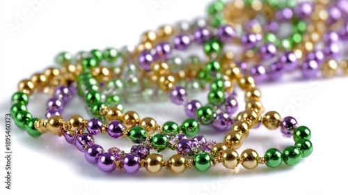 Colorful Mardi Gras beads in purple, green, and gold arranged in a flat lay, isolated on white for festive design use.