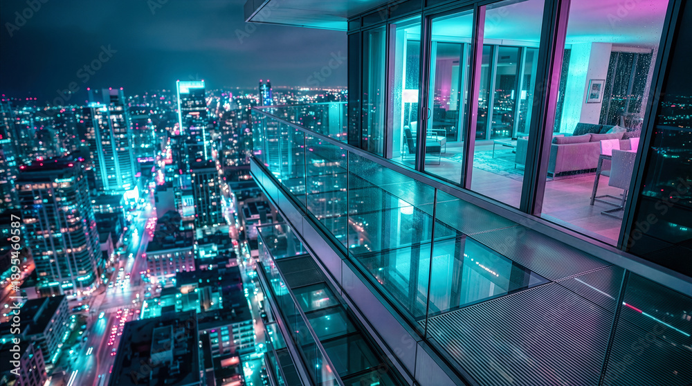 Fototapeta premium Modern skyscraper balcony at night with neon city lights, luxury penthouse terrace with glass railing overlooking futuristic urban skyline, wet rainy windows