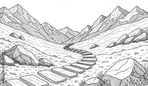 Black and white illustration of a serene mountain landscape with a winding staircase leading to majestic mountains in the distance with rocks and grass