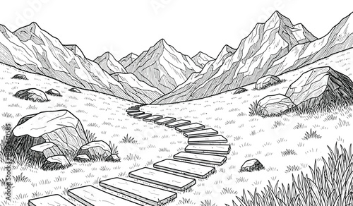 A winding wooden pathway leads through a serene mountain meadow with rocks and grass towards a majestic mountain range in the background