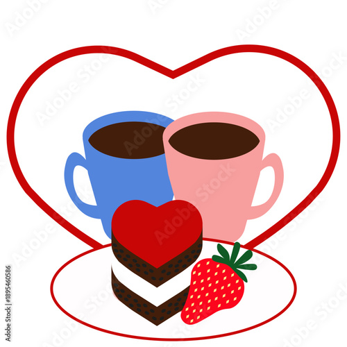 Pink and Blue Coffee Cups with Strawberry Dessert on White Background