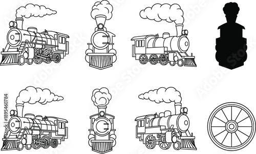 Vintage Steam Locomotive Vector Icon Set Featuring Detailed Outlines of Classic Trains with Smoke Stacks and Wheels for Historical Transport Branding and Retro Rail Travel Graphics