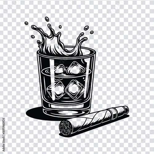 Vector illustration black and white illustration of a whiskey glass with splashing liquid and a cigar on a transparent background