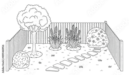 A black and white illustration of a fenced garden with a tree, cacti, and flowers