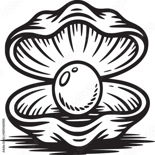 A black and white illustration of an open oyster shell with a pearl inside on a white background art