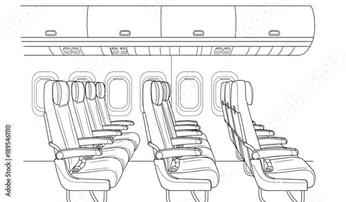 Airplane seats in a row on an aircraft interior with safety exit signs
