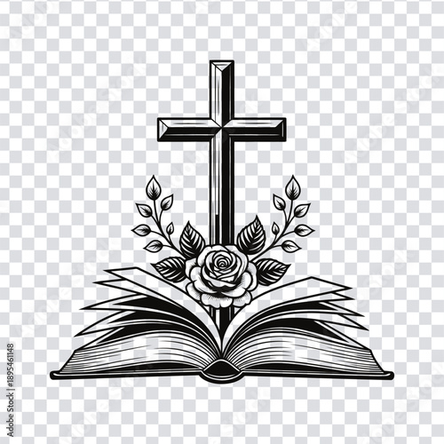 Vector illustration a black and white illustration of a cross on an open book with a rose and leaves on a transparent background