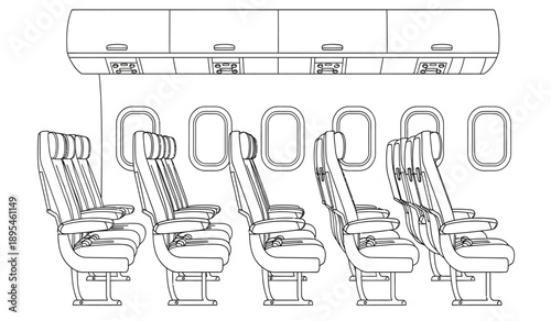 Airplane seats in a row with overhead storage compartments illustrated in black and white