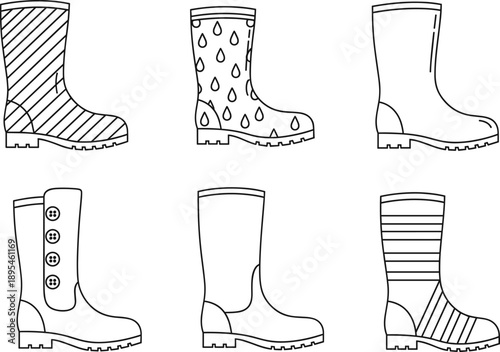 Waterproof Rubber Rain Boots Icon Set with Various Patterns and Line Art Designs for Autumn Weather, Gardening, and Outdoor Fashion Illustration