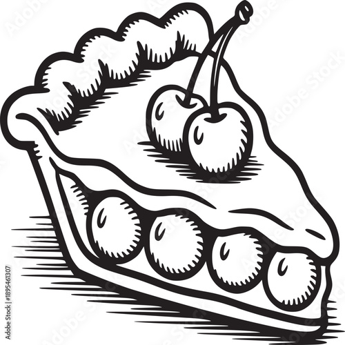 Illustration of a slice of cherry pie with a decorative crust and a white background in black and white