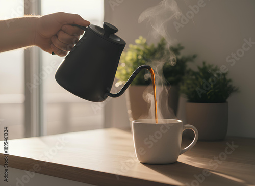 Hand Pouring Hot Coffee Into Ceramic Mug