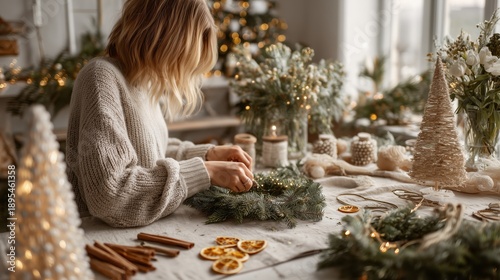 Woman in knitted sweater crafting natural Christmas wreath with dried oranges and greenery, great for DIY, slow living and eco holidays.
