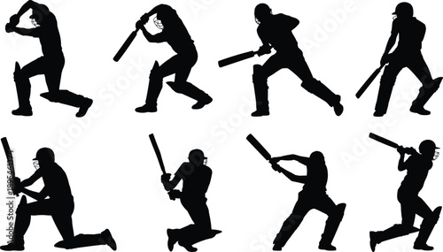 Black silhouette vector set of professional cricket players batting and performing various athletic sports movements for competition tournament team branding and athletic training design