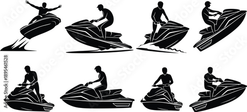 Black silhouette vector set of people riding jet skis and personal watercraft performing stunts on water for summer vacation extreme sports and maritime branding