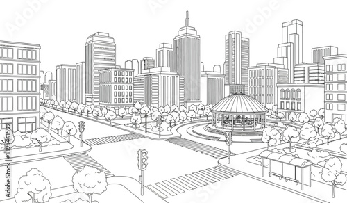 Cityscape illustration with a gazebo and buildings in the background, urban landscape drawing with a park and trees, city view with skyscrapers and a bandstand