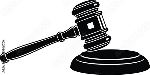 Black and white vector illustration of a professional wooden judge gavel and sound block for legal justice law auction and courtroom authority branding design