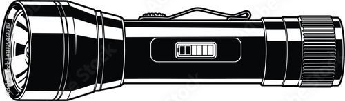 Black and white vector illustration of a professional handheld flashlight featuring a battery power indicator and textured grip for emergency lighting and tactical equipment