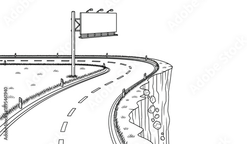 A black and white illustration of a winding road with a billboard on the side