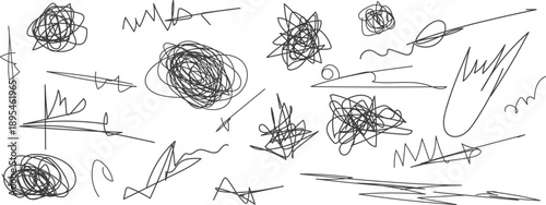 Abstract hand drawn black scribble lines and grunge squiggle brush strokes set with textured sketch elements stock illustration