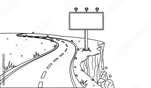 A black and white illustration of a winding road with a blank billboard on the side of a cliff