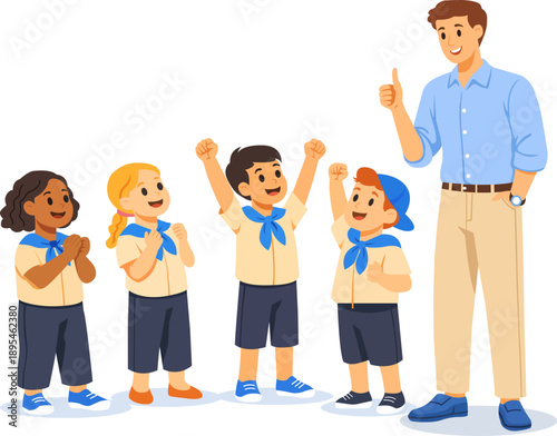 Group of children celebrating with a leader in a fun outdoor setting during a community activity in daytime