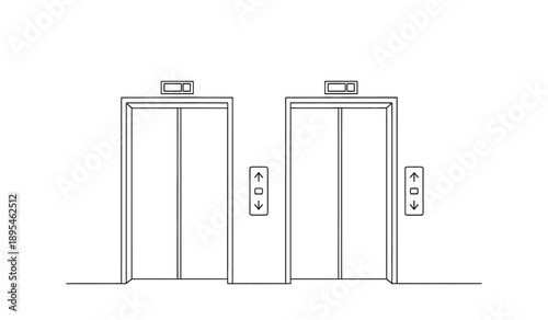 A line drawing of two elevator doors side by side with buttons and panels