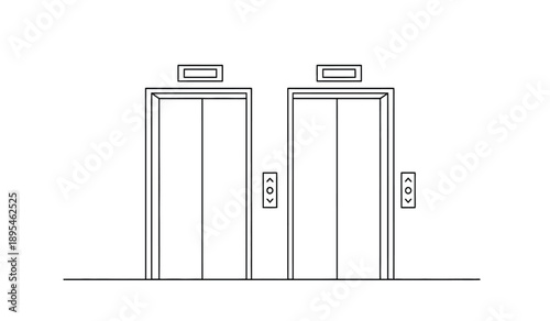 A line drawing of two elevator doors side by side with buttons and displays