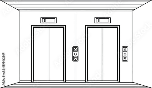 A black and white line drawing of two elevator doors side by side with buttons and displays above them