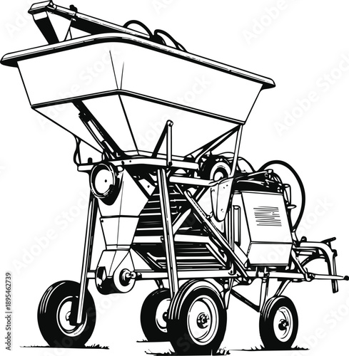 Seed sowing machine illustration, clean line art, stock vector