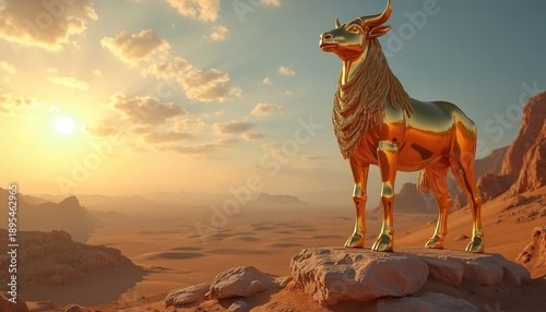 Golden calf statue stands on rock in desert landscape at sunrise. Israelites sinned, worshiping idol in Sinai valley. Biblical story of faith and idolatry.