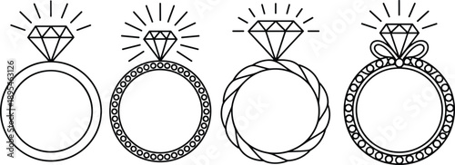 Diamond Ring Line Icons Set Featuring Elegant Engagement and Wedding Rings with Decorative Frames and Sparkling Gemstones in Minimal Outline Style