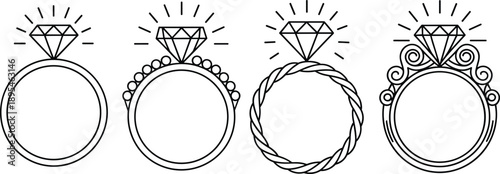 Diamond Ring Line Icons Set Featuring Elegant Engagement and Wedding Rings with Decorative Frames in Minimal Outline Style for Jewelry and Luxury Design