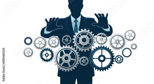 Businessman controlling gears mechanism