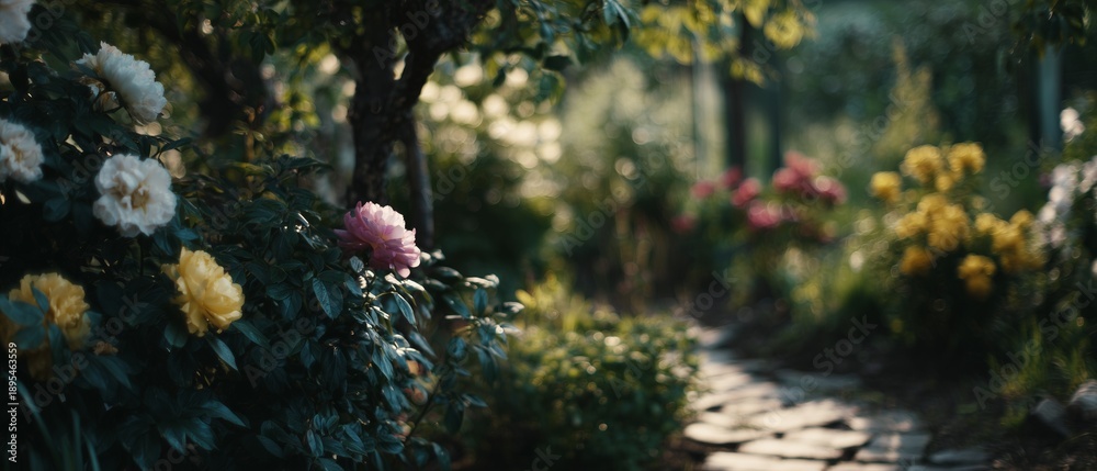 © LuckyStep - Enchanting floral walkway under gentle sunlight. Idyllic pathway surrounded by blooming peonies and dappled sunlight creating tranquil setting