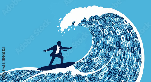 Businessman surfing on a wave of binary code