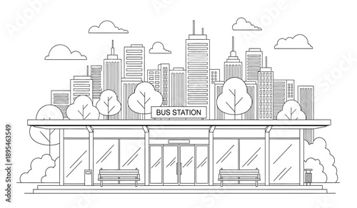 A black and white line drawing of a city skyline with a bus station in the foreground