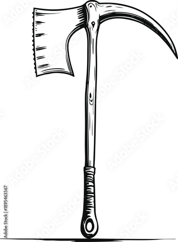 Simple sickle illustration, black and white, clean outline, farming equipment 1