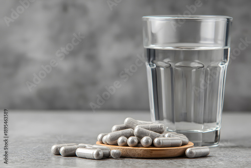 Pills and glass of water on a gray surface with wooden coaster in a health setting