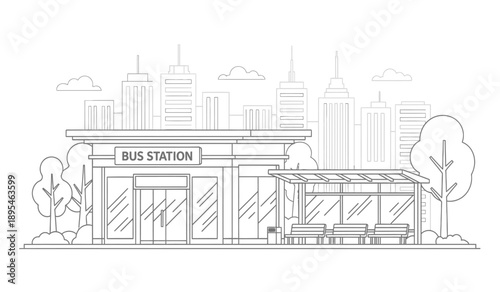 Vector illustration of a modern bus station with cityscape in the background, transportation hub with sleek architecture and urban landscape