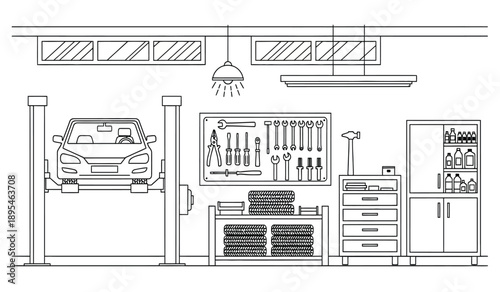 A detailed line drawing of a garage interior with car on lift and various tools and equipment around