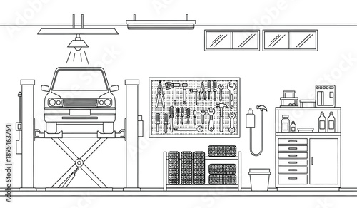 Detailed technical drawing of a film or television production setup with various equipment and tools