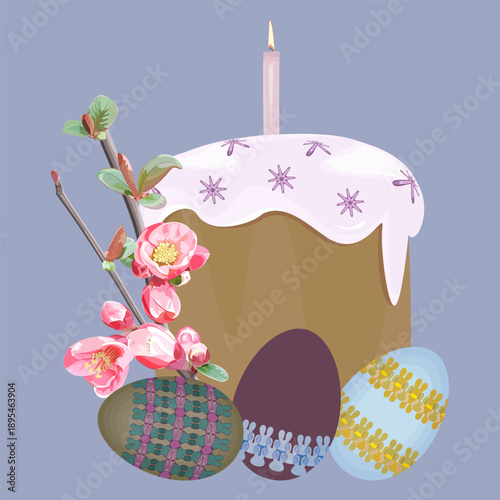 Composition of Easter eggs, Easter cake with a burning candle, and spring branches 
