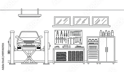 A detailed line drawing of a car on a lift in a garage with various tools and equipment on shelving and cabinets