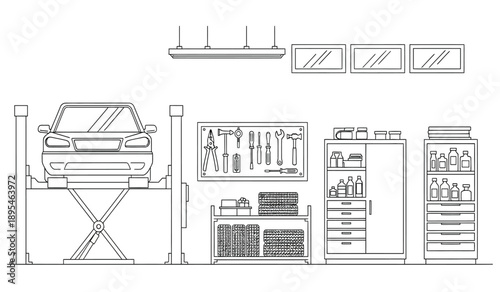 A detailed line drawing of a car on a lift in a garage with various tools and equipment around it