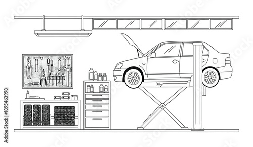 A car on a hydraulic lift in a garage with tools and equipment