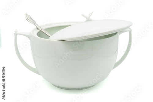 Bilde på lerret White ceramic soup tureen with lid and spoon