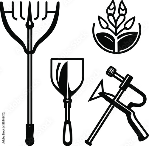 Set of agriculture tools icons, hoe, shovel, sickle, sprayer, black and white vector, flat icon style 2
