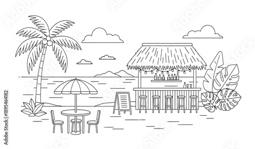 Tropical beach scene with palm tree, hut, table, chairs, and umbrella on a sunny day with mountains in the background