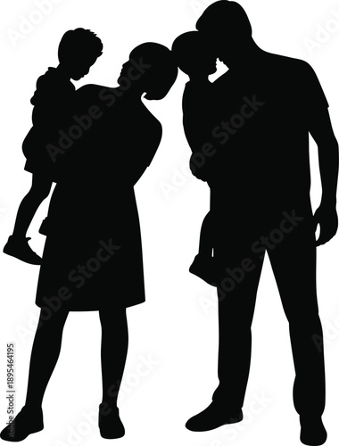 Family silhouette illustration showing parents holding children close together, loving parenthood moment, care and affection concept, black vector design for family and lifestyle themes