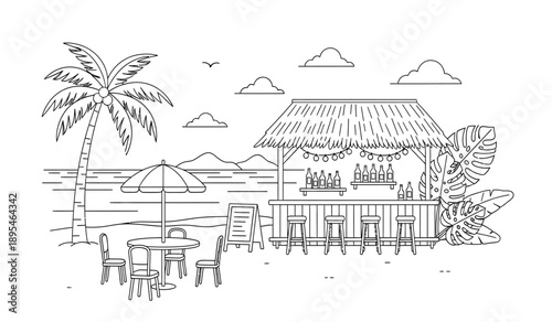 A serene beachside bar with a thatched roof and palm tree nearby, featuring a few tables and chairs